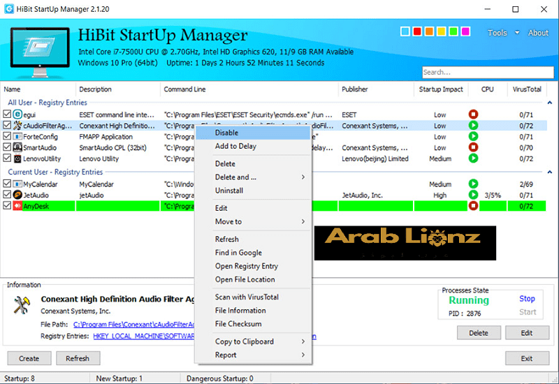 تنزيل HiBit Startup Manager إيقاف برامج بدء التشغيل في Windows Arablionz.org
